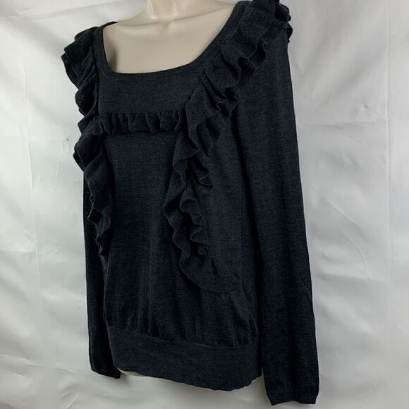 Anthropology Moth Gray ruffled square neck wool blend long sleeve sweater - Picture 6 of 12